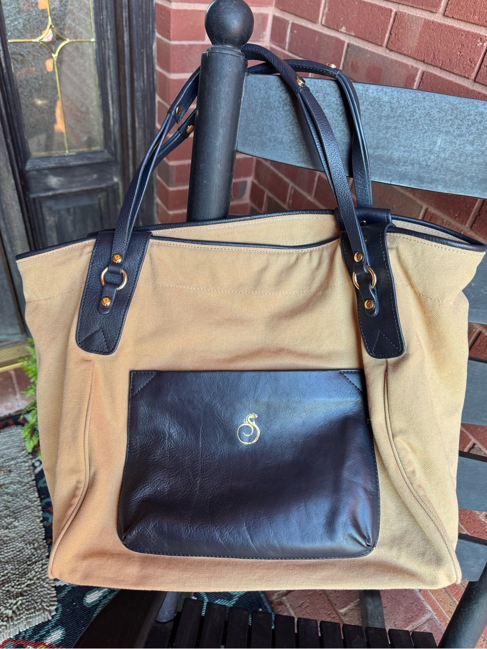 Boulevard Tan Canvas Tote Bag Dark Brown Leather Trim S Logo